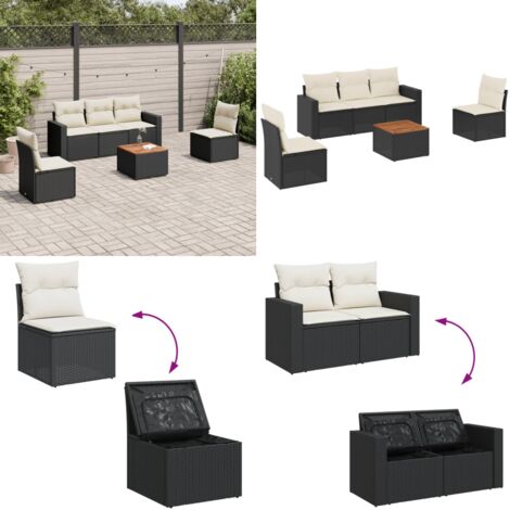 Set Divano da Giardino 6 pz con Cuscini Nero in Polyrattan - Sedute da giardino - Poltrone da giardino