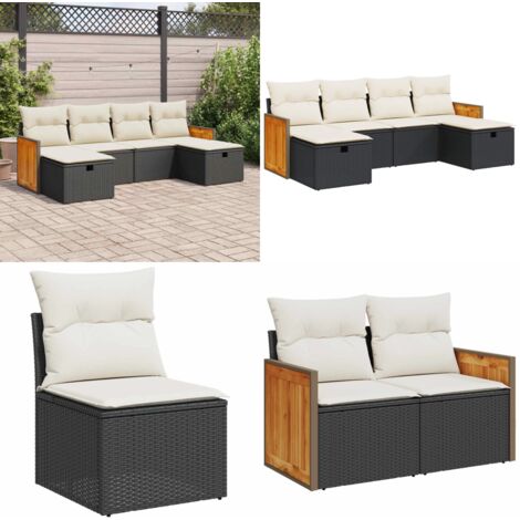 Set Divano da Giardino 6 pz con Cuscini Nero in Polyrattan - Sedute da giardino - Poltrone da giardino
