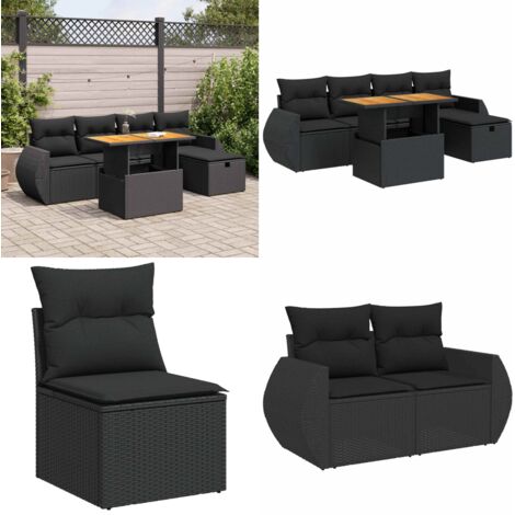 Set Divano da Giardino 6 pz con Cuscini Nero Polyrattan Acacia - Seduta da giardino - Poltrona da giardino