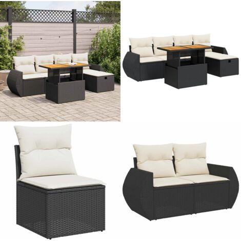 Set Divano da Giardino 6 pz con Cuscini Nero Polyrattan Acacia - Sedute da giardino - Poltrone da giardino