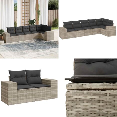 Set Divano da Giardino 6pz con Cuscini Grigio Chiaro Polyrattan - Poltrona da giardino - Cuscini da giardino