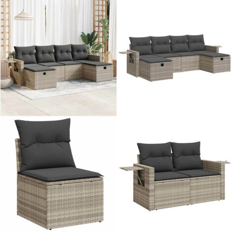 Set Divano da Giardino 6pz con Cuscini Grigio Chiaro Polyrattan - Poltrona da giardino - Cuscini da giardino