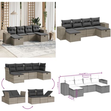 Set Divano da Giardino 6pz con Cuscini Grigio Chiaro Polyrattan - Poltrona da giardino - Cuscini da giardino