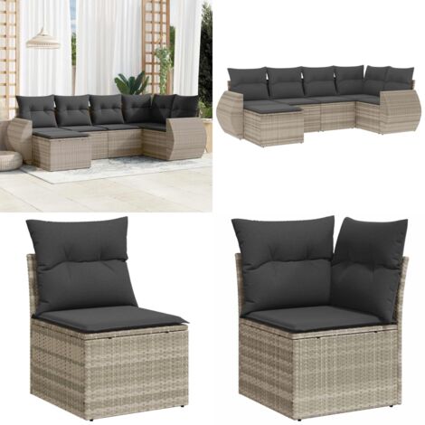 Set Divano da Giardino 6pz con Cuscini Grigio Chiaro Polyrattan - Poltrona da giardino - Cuscini da giardino