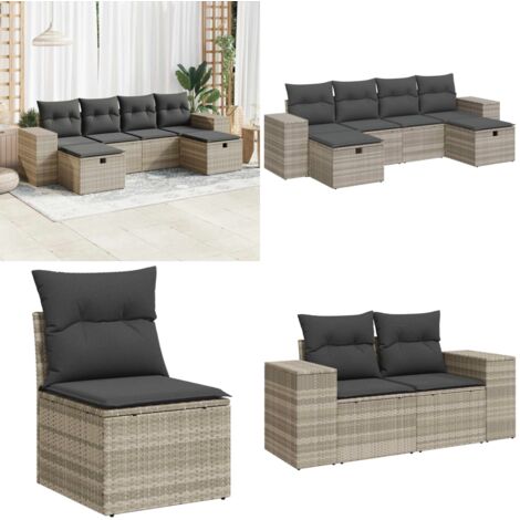 Set Divano da Giardino 6pz con Cuscini Grigio Chiaro Polyrattan - Poltrona da giardino - Cuscini da giardino
