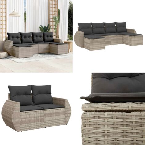 Set Divano da Giardino 6pz con Cuscini Grigio Chiaro Polyrattan - Poltrona da giardino - Cuscino da giardino