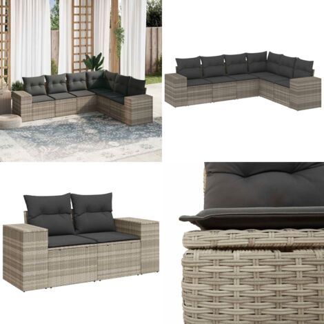 Set Divano da Giardino 6pz con Cuscini Grigio Chiaro Polyrattan - Poltrona da giardino - Cuscino da seduta