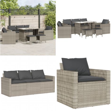 Set Divano da Giardino 6pz con Cuscini Grigio Chiaro Polyrattan - Poltrona da giardino - Sgabello da giardino
