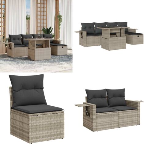 Set Divano da Giardino 6pz con Cuscini Grigio Chiaro Polyrattan - Poltrona da giardino - Tavolo da giardino