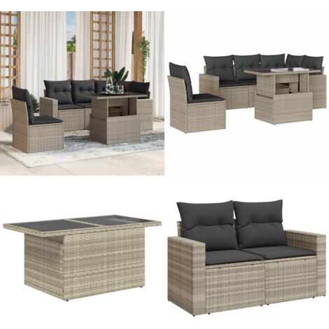 Set Divano da Giardino 6pz con Cuscini Grigio Chiaro Polyrattan - Poltrona da giardino - Tavolo da giardino