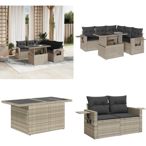 Set Divano da Giardino 6pz con Cuscini Grigio Chiaro Polyrattan - Poltrona da giardino - Tavolo da giardino