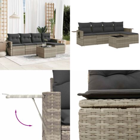 Set Divano da Giardino 6pz con Cuscini Grigio Chiaro Polyrattan - Poltrona da giardino - Tavolo da giardino
