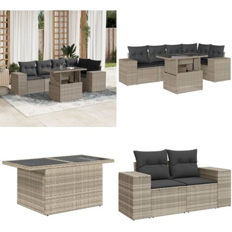 Set Divano da Giardino 6pz con Cuscini Grigio Chiaro Polyrattan - Poltrona da giardino - Tavolo da giardino