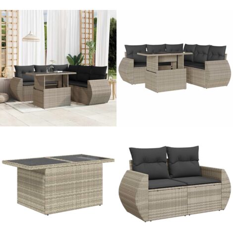 Set Divano da Giardino 6pz con Cuscini Grigio Chiaro Polyrattan - Poltrona da giardino - Tavolo da giardino