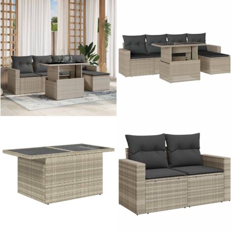 Set Divano da Giardino 6pz con Cuscini Grigio Chiaro Polyrattan - Poltrona da giardino - Tavolo da giardino