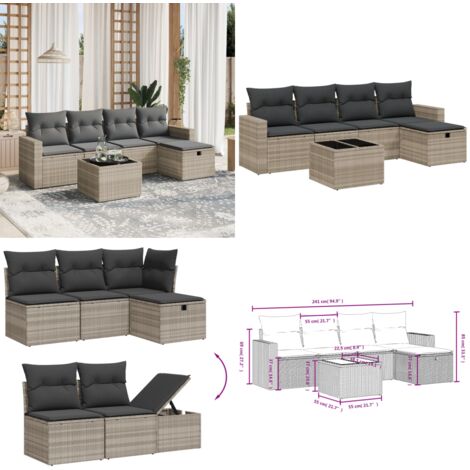 Set Divano da Giardino 6pz con Cuscini Grigio Chiaro Polyrattan - Poltrona da giardino - Tavolo da giardino