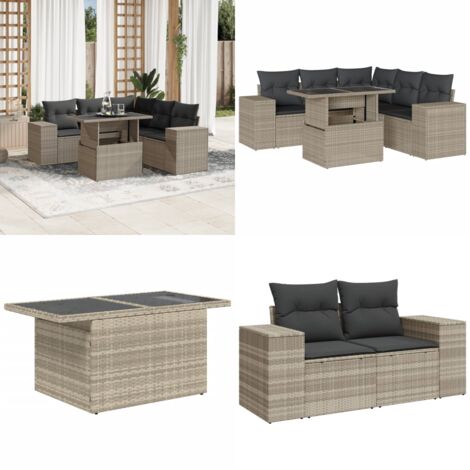 Set Divano da Giardino 6pz con Cuscini Grigio Chiaro Polyrattan - Poltrona da giardino - Tavolo da giardino