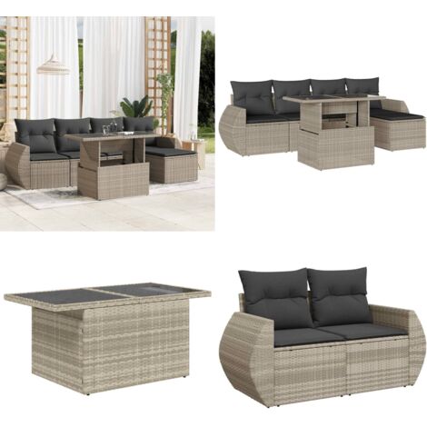 Set Divano da Giardino 6pz con Cuscini Grigio Chiaro Polyrattan - Poltrona da giardino - Tavolo da giardino