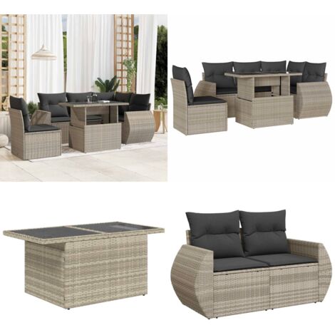 Set Divano da Giardino 6pz con Cuscini Grigio Chiaro Polyrattan - Poltrona da giardino - Tavolo da giardino