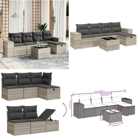 Set Divano da Giardino 6pz con Cuscini Grigio Chiaro Polyrattan - Poltrona da giardino - Tavolo da giardino