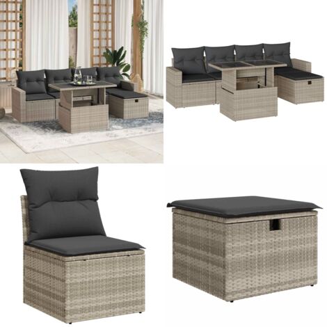 Set Divano da Giardino 6pz con Cuscini Grigio Chiaro Polyrattan - Poltrona da giardino - Tavolo da giardino