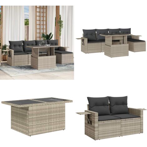 Set Divano da Giardino 6pz con Cuscini Grigio Chiaro Polyrattan - Poltrona da giardino - Tavolo da giardino