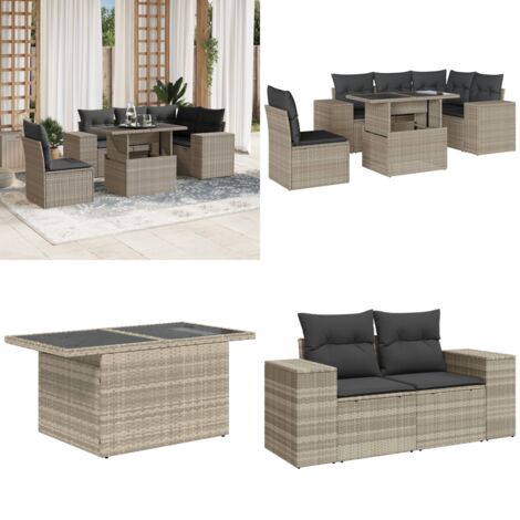 Set Divano da Giardino 6pz con Cuscini Grigio Chiaro Polyrattan - Poltrona da giardino - Tavolo da giardino
