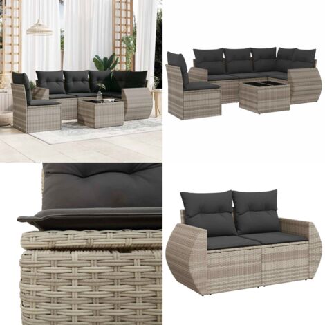 Set Divano da Giardino 6pz con Cuscini Grigio Chiaro Polyrattan - Poltrona da giardino - Tavolo da giardino