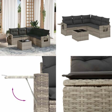 Set Divano da Giardino 6pz con Cuscini Grigio Chiaro Polyrattan - Poltrona da giardino - Tavolo da giardino