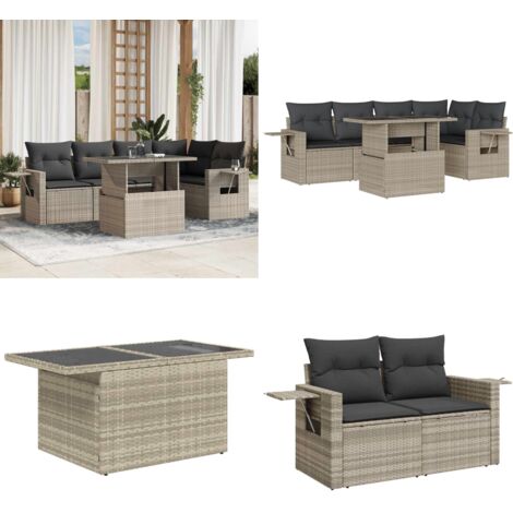 Set Divano da Giardino 6pz con Cuscini Grigio Chiaro Polyrattan - Poltrona da giardino - Tavolo da giardino