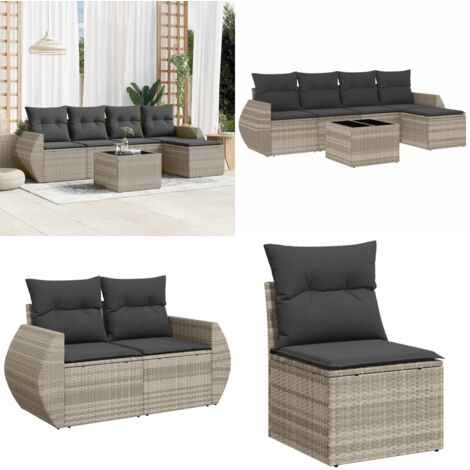Set Divano da Giardino 6pz con Cuscini Grigio Chiaro Polyrattan - Poltrona da giardino - Tavolo da giardino