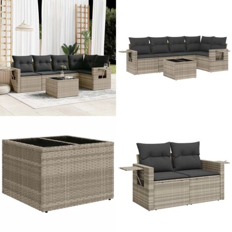 Set Divano da Giardino 6pz con Cuscini Grigio Chiaro Polyrattan - Poltrona da giardino - Tavolo da giardino