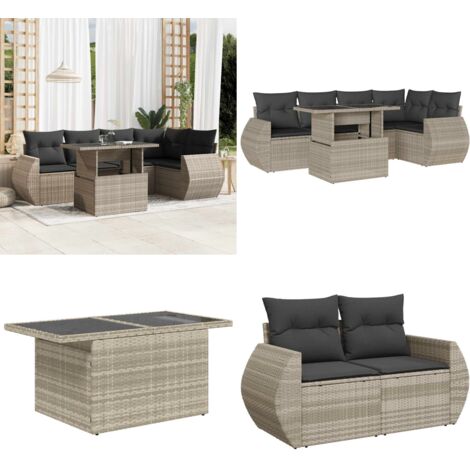 Set Divano da Giardino 6pz con Cuscini Grigio Chiaro Polyrattan - Poltrona da giardino - Tavolo da giardino
