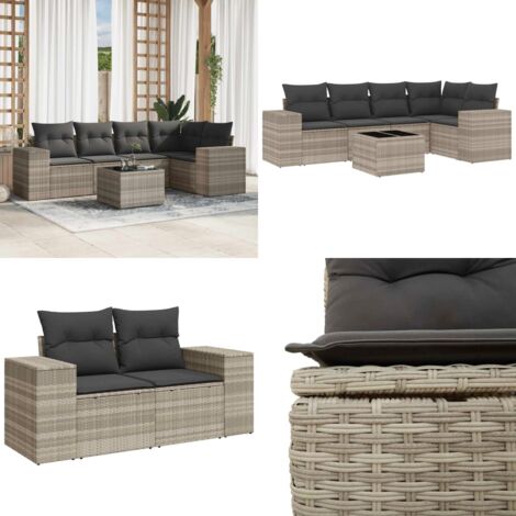 Set Divano da Giardino 6pz con Cuscini Grigio Chiaro Polyrattan - Poltrona da giardino - Tavolo da giardino
