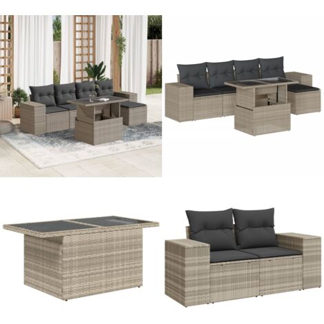 Set Divano da Giardino 6pz con Cuscini Grigio Chiaro Polyrattan - Poltrona da giardino - Tavolo da giardino