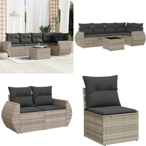Set Divano da Giardino 6pz con Cuscini Grigio Chiaro Polyrattan - Poltrona da giardino - Tavolo da giardino