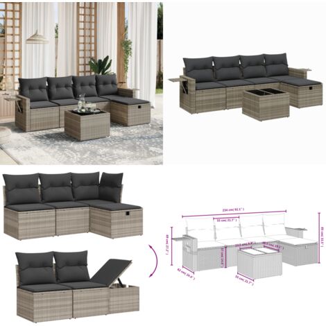Set Divano da Giardino 6pz con Cuscini Grigio Chiaro Polyrattan - Poltrona da giardino - Tavolo da giardino