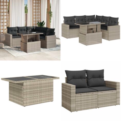 Set Divano da Giardino 6pz con Cuscini Grigio Chiaro Polyrattan - Poltrona da giardino - Tavolo da giardino