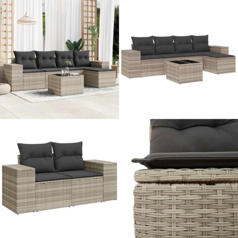 Set Divano da Giardino 6pz con Cuscini Grigio Chiaro Polyrattan - Poltrona da giardino - Tavolo da giardino