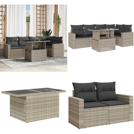 Set Divano da Giardino 6pz con Cuscini Grigio Chiaro Polyrattan - Poltrona da giardino - Tavolo da giardino