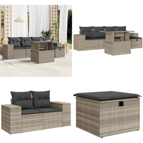 Set Divano da Giardino 6pz con Cuscini Grigio Chiaro Polyrattan - Poltrona da giardino - Tavolo da giardino