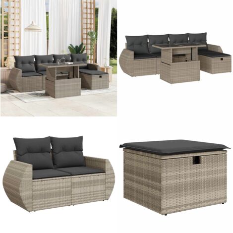 Set Divano da Giardino 6pz con Cuscini Grigio Chiaro Polyrattan - Poltrona da giardino - Tavolo da giardino