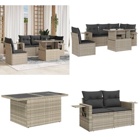 Set Divano da Giardino 6pz con Cuscini Grigio Chiaro Polyrattan - Poltrona da giardino - Tavolo da giardino