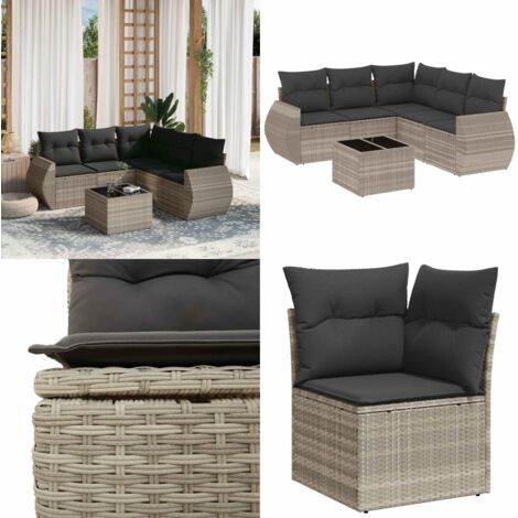 Set Divano da Giardino 6pz con Cuscini Grigio Chiaro Polyrattan - Poltrona da giardino - Tavolo da giardino