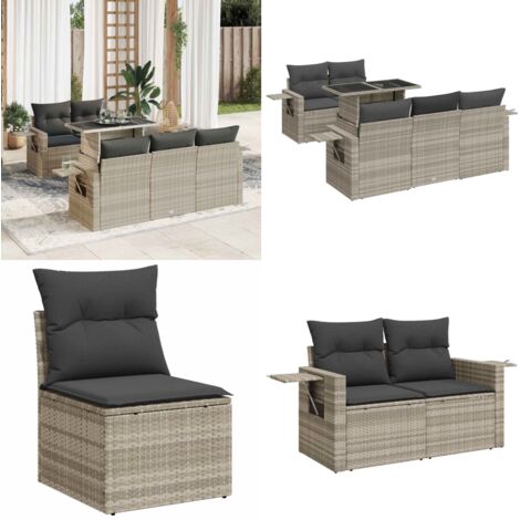 Set Divano da Giardino 6pz con Cuscini Grigio Chiaro Polyrattan - Poltrone da giardino - Sedute da giardino