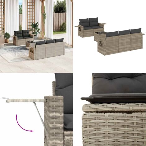 Set Divano da Giardino 6pz con Cuscini Grigio Chiaro Polyrattan - Poltrone da giardino - Tavolo da giardino