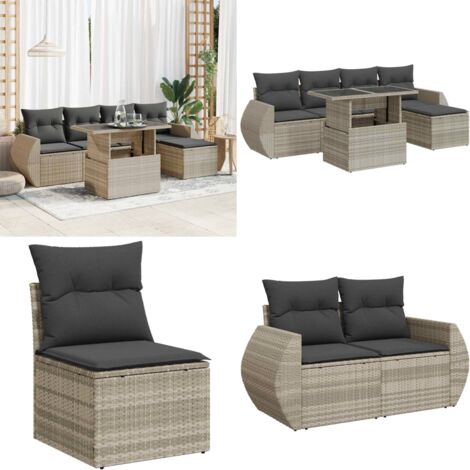 Set Divano da Giardino 6pz con Cuscini Grigio Chiaro Polyrattan - Seduta da giardino - Poltrona da giardino