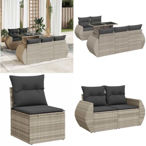 Set Divano da Giardino 6pz con Cuscini Grigio Chiaro Polyrattan - Seduta da giardino - Poltrona da giardino