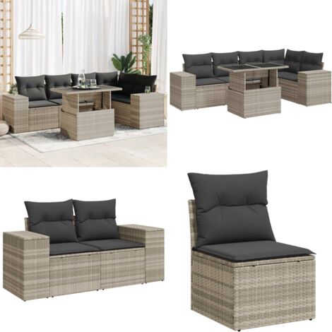 Set Divano da Giardino 6pz con Cuscini Grigio Chiaro Polyrattan - Sedute angolari - Tavolo da giardino