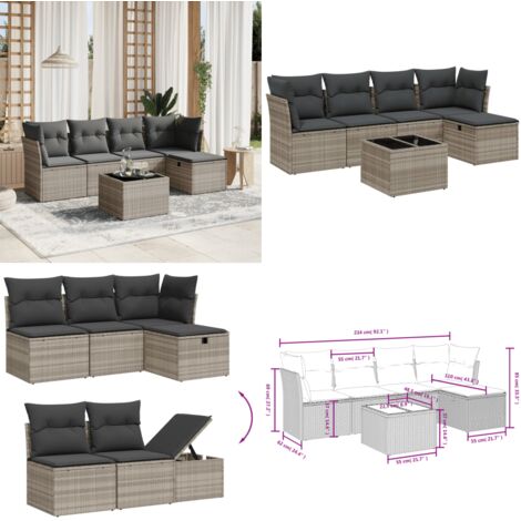 Set Divano da Giardino 6pz con Cuscini Grigio Chiaro Polyrattan - Sedute da esterno - Tavolo da giardino